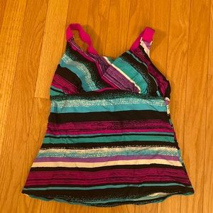 Cute pink, purple, turquoise takini top. Size 6